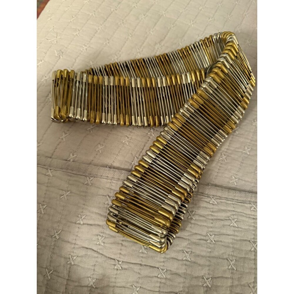 Vintage Unisex Metal Safety Pin Statement Belt Brass Silver 34 inches Punk Rare - Picture 13 of 16